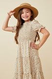 GY2380 Cream Girls Smocked Bodice Short Sleeve Tiered Midi Dress Front