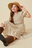 GY2380 Cream Girls Smocked Bodice Short Sleeve Tiered Midi Dress Pose