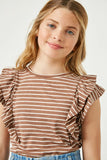 GY2392 BROWN Girls Layered Ruffle Knit Stripe Tee Front