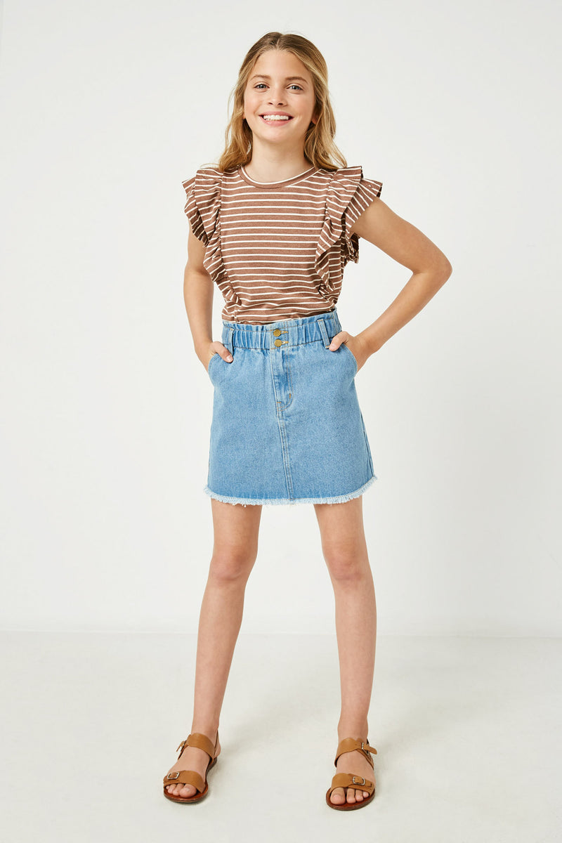 GY2392 BROWN Girls Layered Ruffle Knit Stripe Tee Full Body