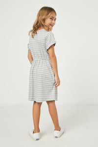 GY2396 Heather Grey Girls Ribbed Stripe Knit T Shirt Dress Full Body