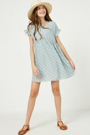 GY2401 BLUE Girls Ruffle Sleeve Swiss Dot Tunic Dress Full Body