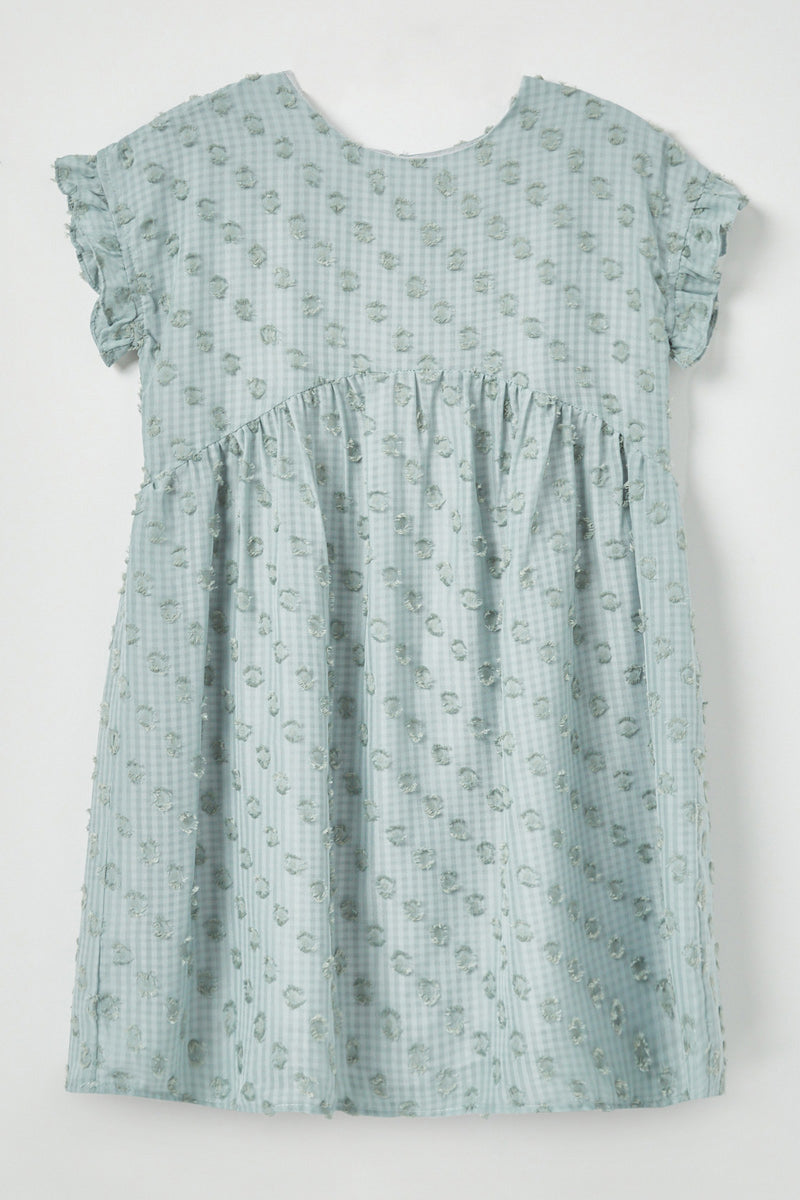 GY2401 BLUE Girls Ruffle Sleeve Swiss Dot Tunic Dress Front Flat