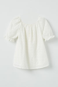 GY2414 Off White Girls Eyelet Puff Sleeve Square Neck Top Back Flat
