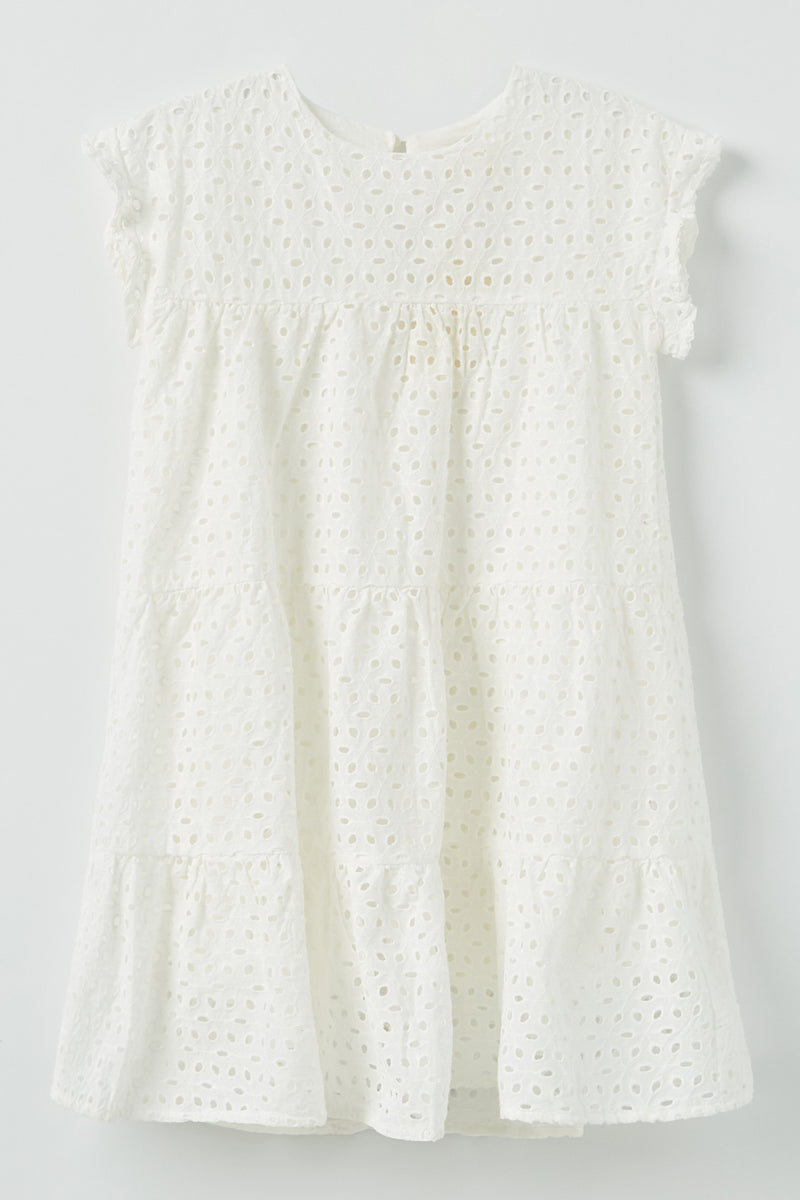 GY2416 Off White Girls Flutter Sleeve Tiered Eyelet Dress Front Flat
