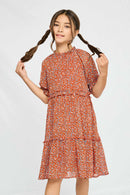 GY2420 Rust Girls Ditsy Floral Ruffle Detail Dress Front