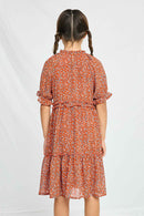 GY2420 Rust Girls Ditsy Floral Ruffle Detail Dress Back