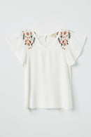 GY2429 Off White Girls Embroidered Flutter Sleeve Top Flat Front