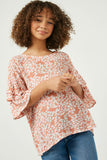 GY2432 Salmon Girls Tiered Sleeve Floral Top Front