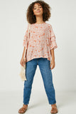 GY2432 Salmon Girls Tiered Sleeve Floral Top Full Body