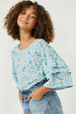 GY2432 Seafoam Girls Tiered Sleeve Floral Top Front