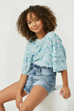 GY2432 Seafoam Girls Tiered Sleeve Floral Top Pose