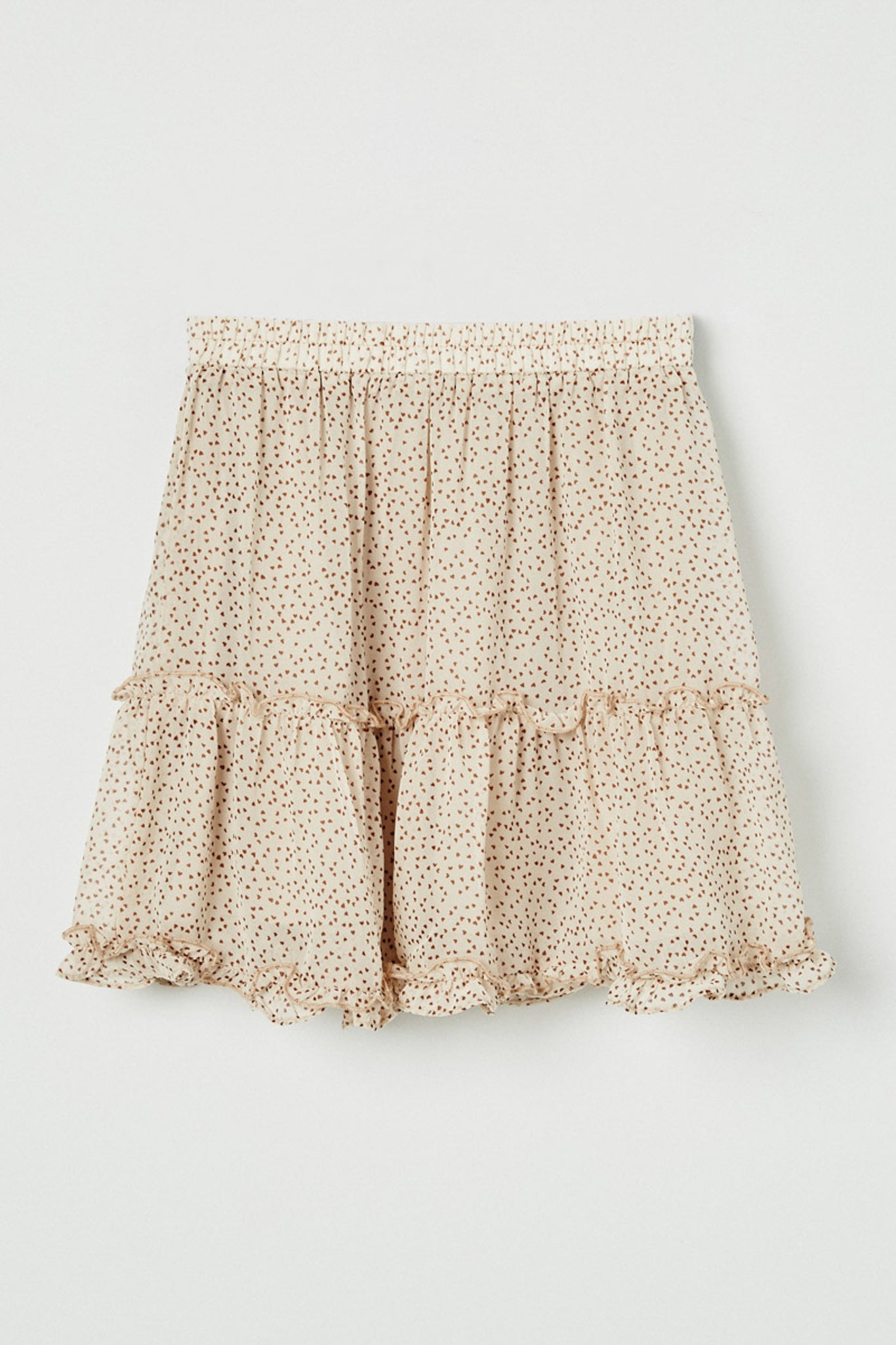 GY2444 BEIGE Girls Elastic Waist Ditsy Heart Ruffle Skirt Front Flat