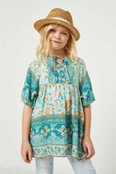 GY2451 Teal Girls Tie Neck Border Print Tunic Front