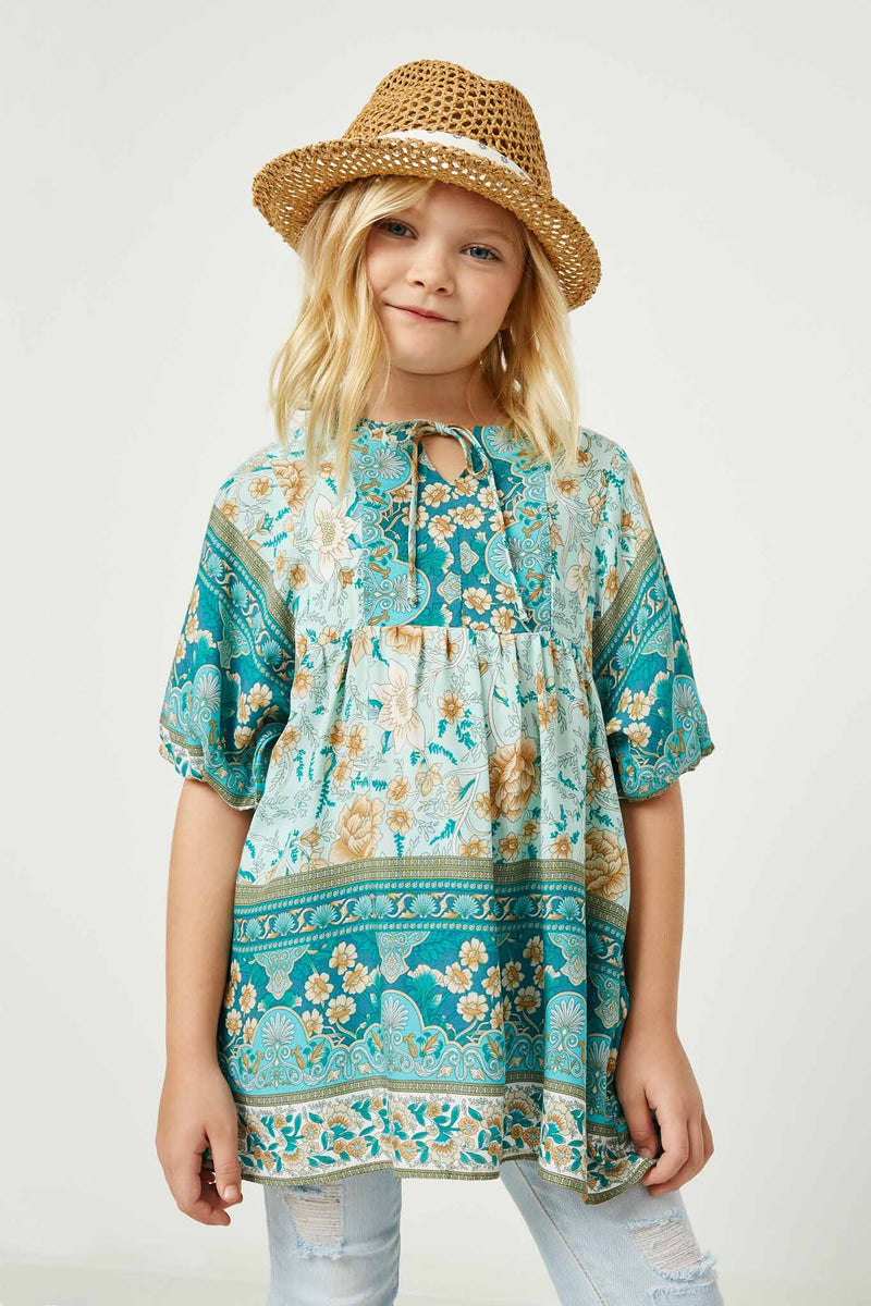 GY2451 Teal Girls Tie Neck Border Print Tunic Front