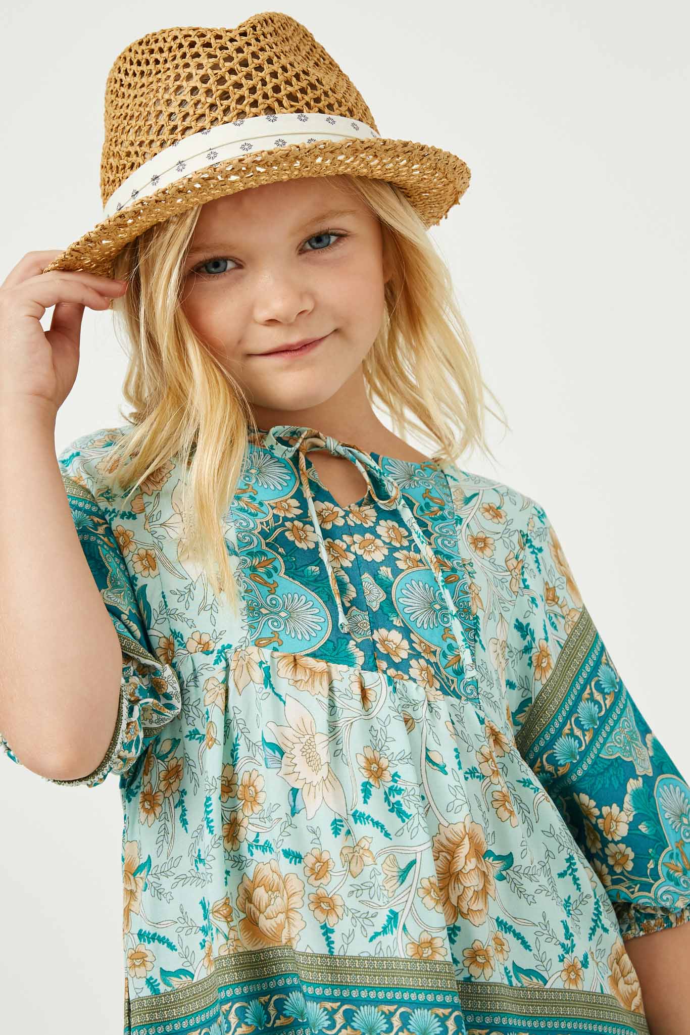 GY2451 Teal Girls Tie Neck Border Print Tunic Detail