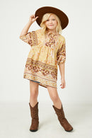 GY2451 Yellow Girls Tie Neck Border Print Tunic Full Body