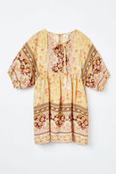 GY2451 Yellow Girls Tie Neck Border Print Tunic Front Flat