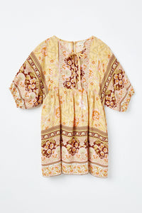 GY2451 Yellow Girls Tie Neck Border Print Tunic Front Flat