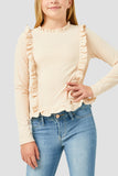 GY2459 Ivory Girls Ruffle Detailed Ribbed Long Sleeve Tee Front
