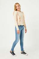 GY2459 Ivory Girls Ruffle Detailed Ribbed Long Sleeve Tee Side