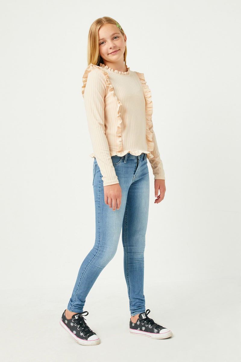 GY2459 Ivory Girls Ruffle Detailed Ribbed Long Sleeve Tee Side