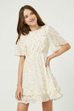 GY2464 Off White Girls Ruffled Cinch Waist Floral Mini Dress Front