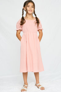 GY2474 MAUVE Girls Textured Smocked Bodice Puff Sleeve Midi Dress Full Body