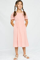 GY2474 MAUVE Girls Textured Smocked Bodice Puff Sleeve Midi Dress Full Body