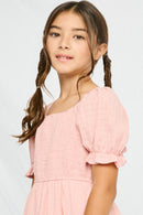 GY2474 MAUVE Girls Textured Smocked Bodice Puff Sleeve Midi Dress Detail