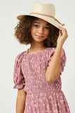 GY2478 Pink Girls Square Neck Smocked Bodice Tiered Midi Dress Close Up