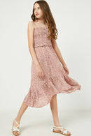 GY2485 Mauve Girls Tie Shoulder Smocked Ruffle Detail Midi Dress Full Body