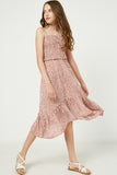 GY2485 Mauve Girls Tie Shoulder Smocked Ruffle Detail Midi Dress Full Body