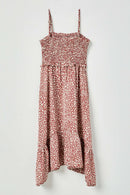 GY2485 Mauve Girls Tie Shoulder Smocked Ruffle Detail Midi Dress Back Flat