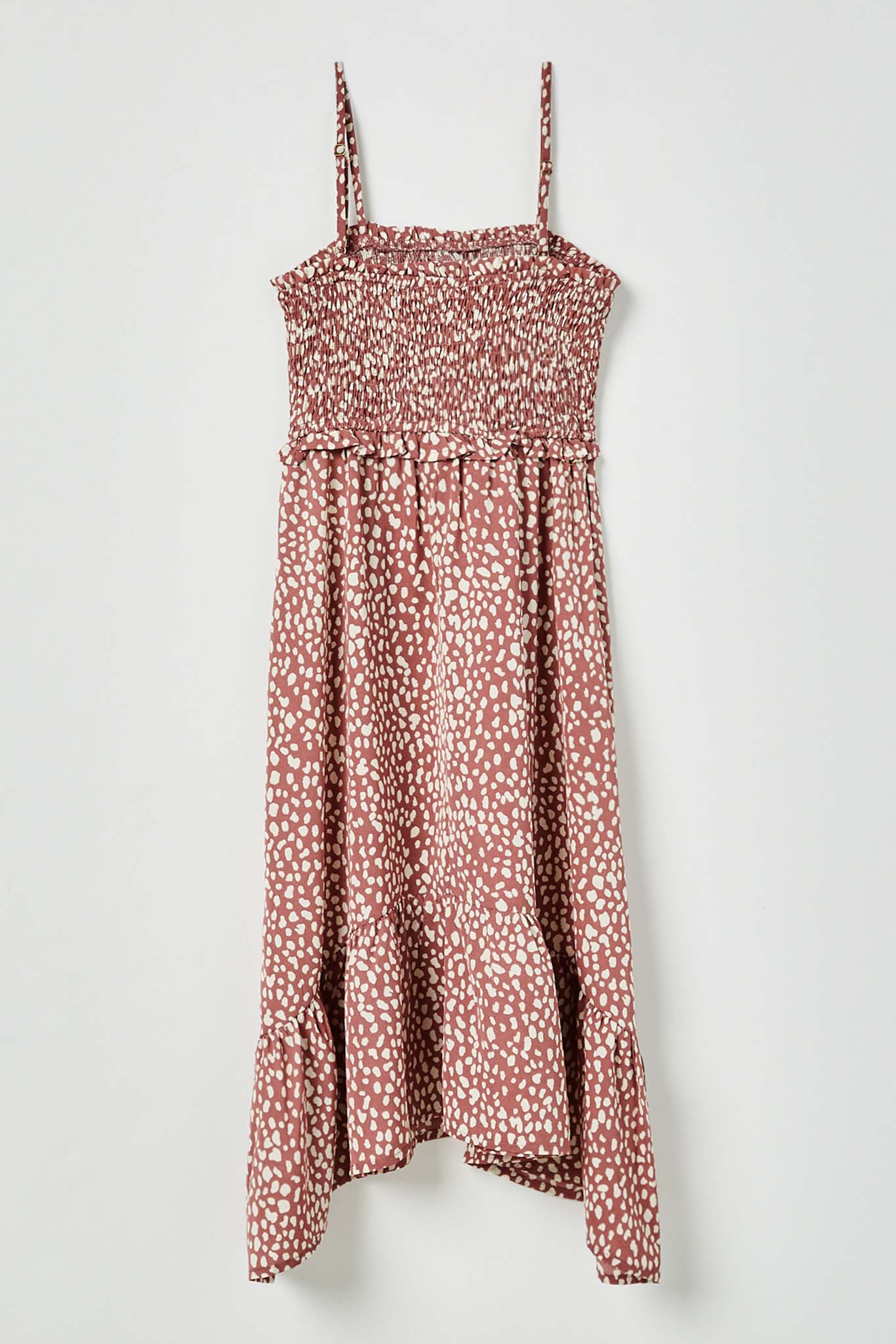 GY2485 Mauve Girls Tie Shoulder Smocked Ruffle Detail Midi Dress Back Flat