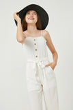 GY2488 Ivory Girls Sleeveless Smocked Button Detail Textured Jumpsuit Front