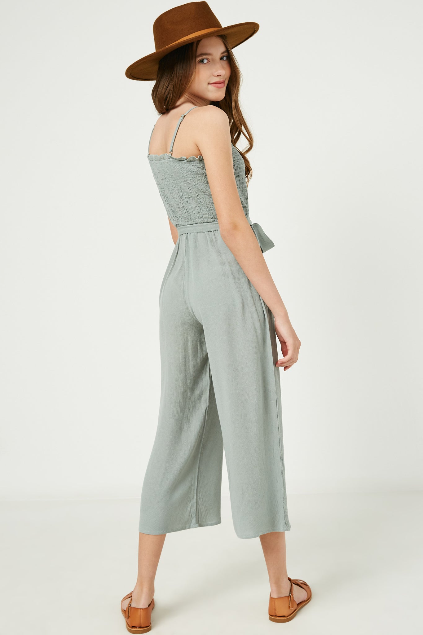 GY2488 Sage Girls Sleeveless Smocked Button Detail Textured Jumpsuit Back