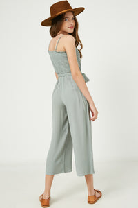 GY2488 Sage Girls Sleeveless Smocked Button Detail Textured Jumpsuit Back