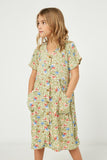 GY2498 Sage Girls Pocketed Button Front V Neck Tunic Dress Front