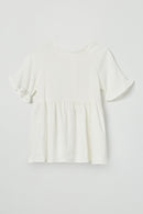 GY2509 Off White Girls Ruffle Sleeve Button Back Peplum Top Flat Front