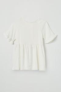 GY2509 Off White Girls Ruffle Sleeve Button Back Peplum Top Flat Front