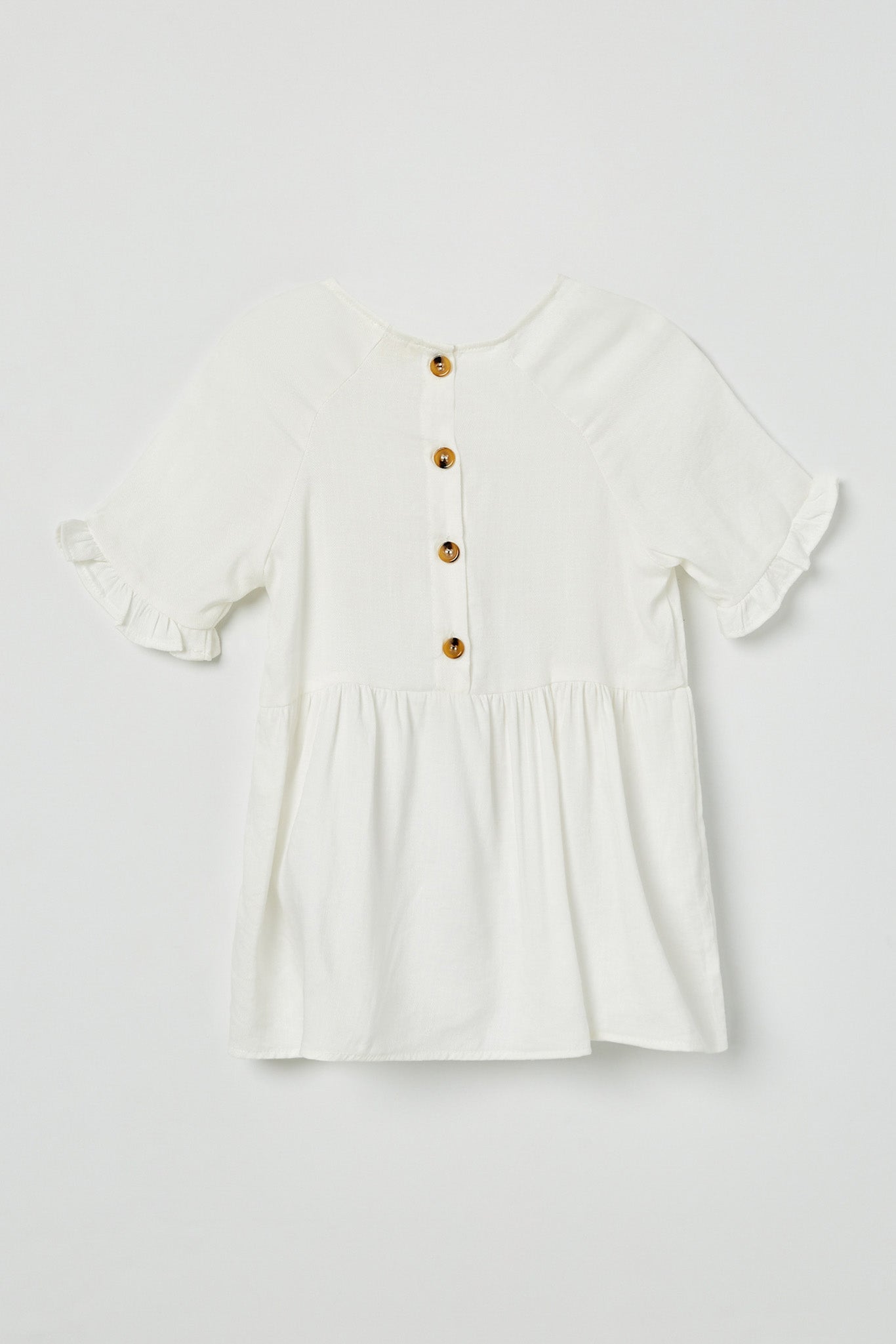 GY2509 Off White Girls Ruffle Sleeve Button Back Peplum Top Flat Back