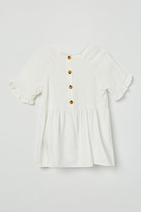 GY2509 Off White Girls Ruffle Sleeve Button Back Peplum Top Flat Back