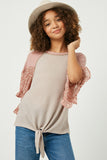 GY2519 Mauve Mix Girls Tie Waist Ruffled Contrast Sleeve Top Front