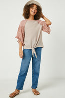 GY2519 Mauve Mix Girls Tie Waist Ruffled Contrast Sleeve Top Full Body