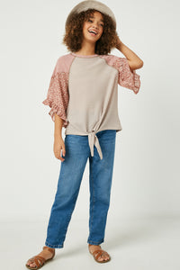 GY2519 Mauve Mix Girls Tie Waist Ruffled Contrast Sleeve Top Full Body