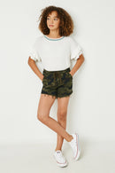 GY2526 Camo Girls Distressed Camo Denim Drawstring Shorts Full Body