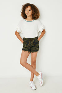 GY2526 Camo Girls Distressed Camo Denim Drawstring Shorts Full Body