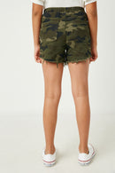 GY2526 Camo Girls Distressed Camo Denim Drawstring Shorts Back