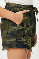 GY2526 Camo Girls Distressed Camo Denim Drawstring Shorts Detail